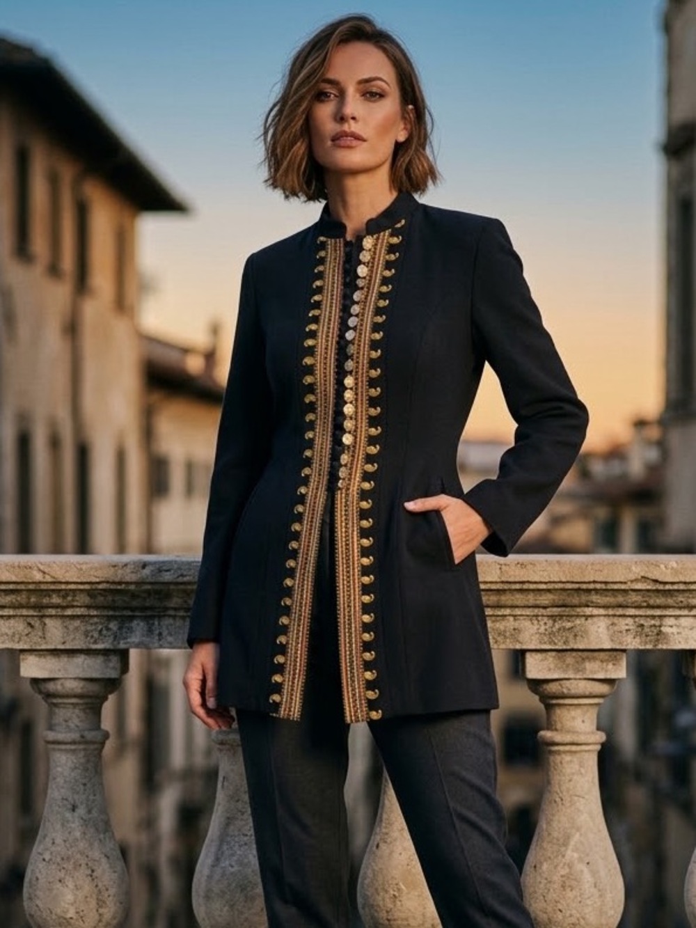 Vintage Caché Black Embroidered Military Matador Jacket Gold Coin Trim